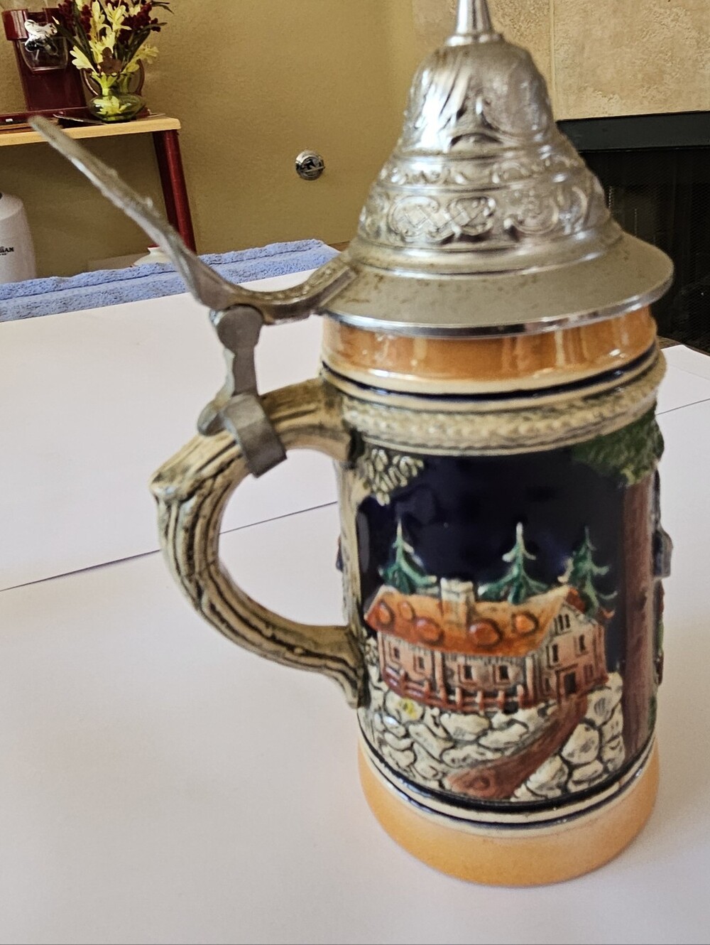 Hand-Painted Ceramic Beer Stein with Pewter Lid - Made In Germany